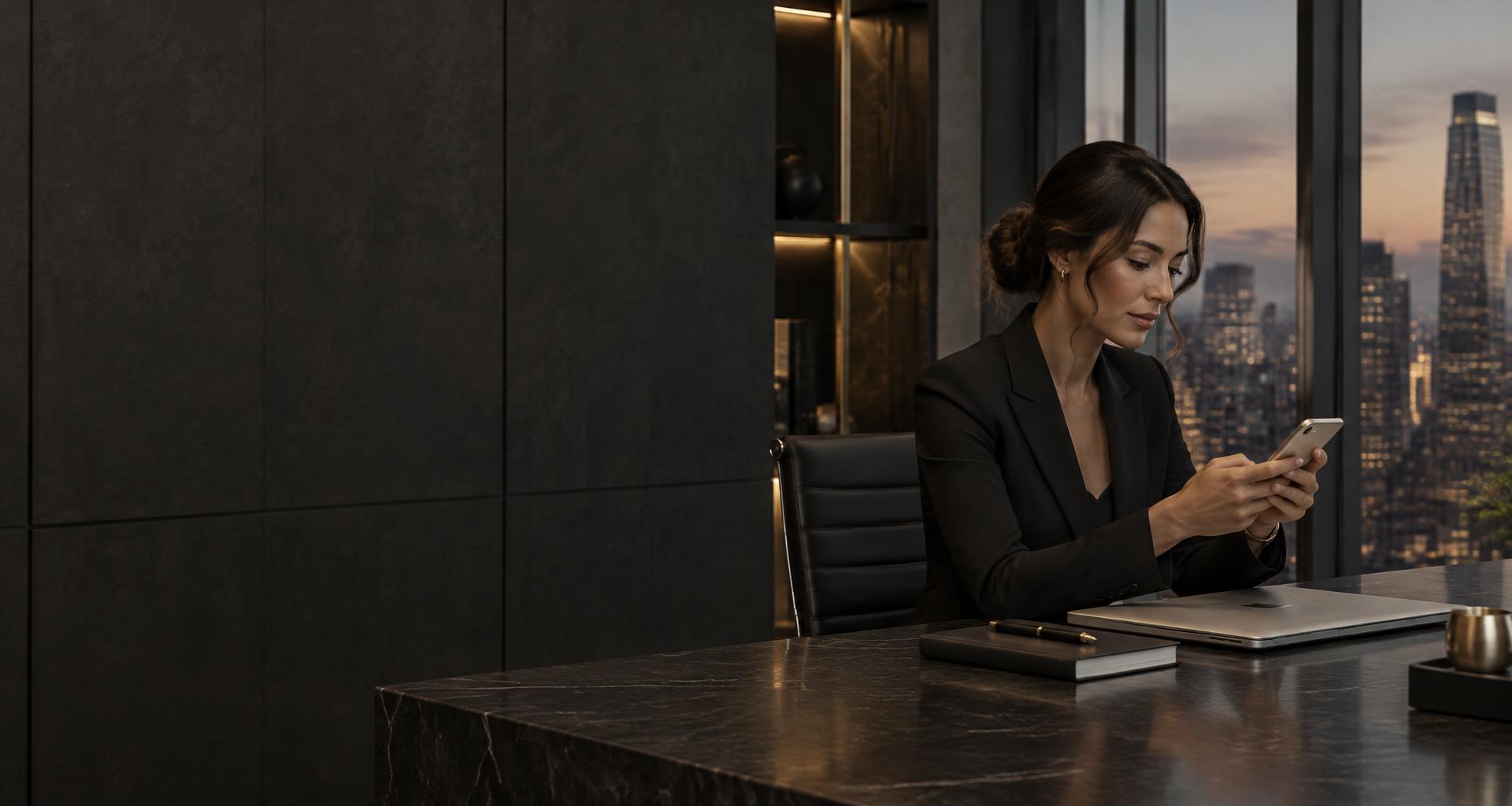 Executiva usando o celular em um escritório contemporâneo